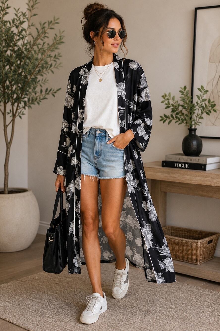 Topshop Black and White Floral Kimono Duster Robe Coat Piped Trim US 4